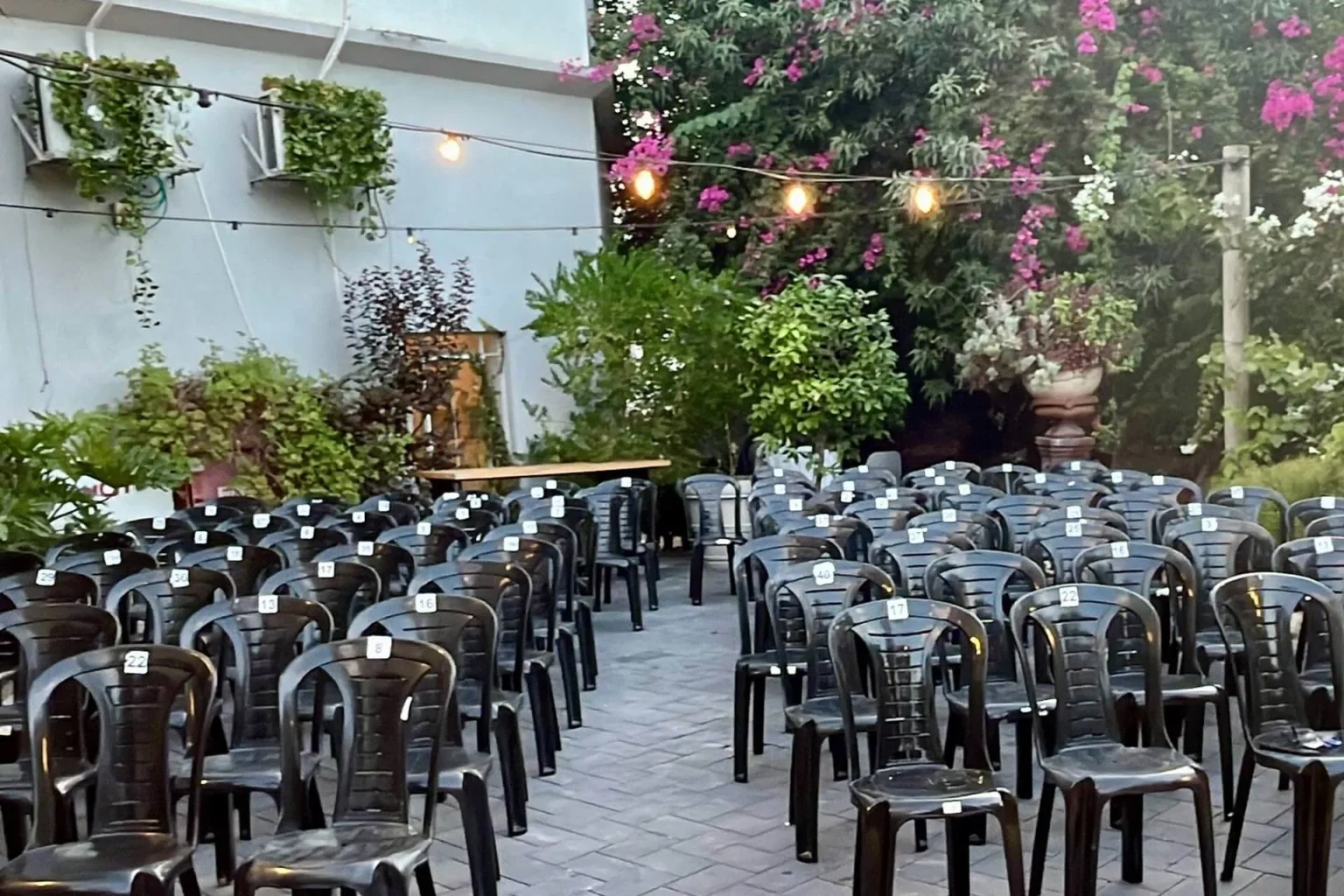 סידור ישיבה לאורחים בחתונה בחצר עם שורות כיסאות ותאורת גרילנד מעל