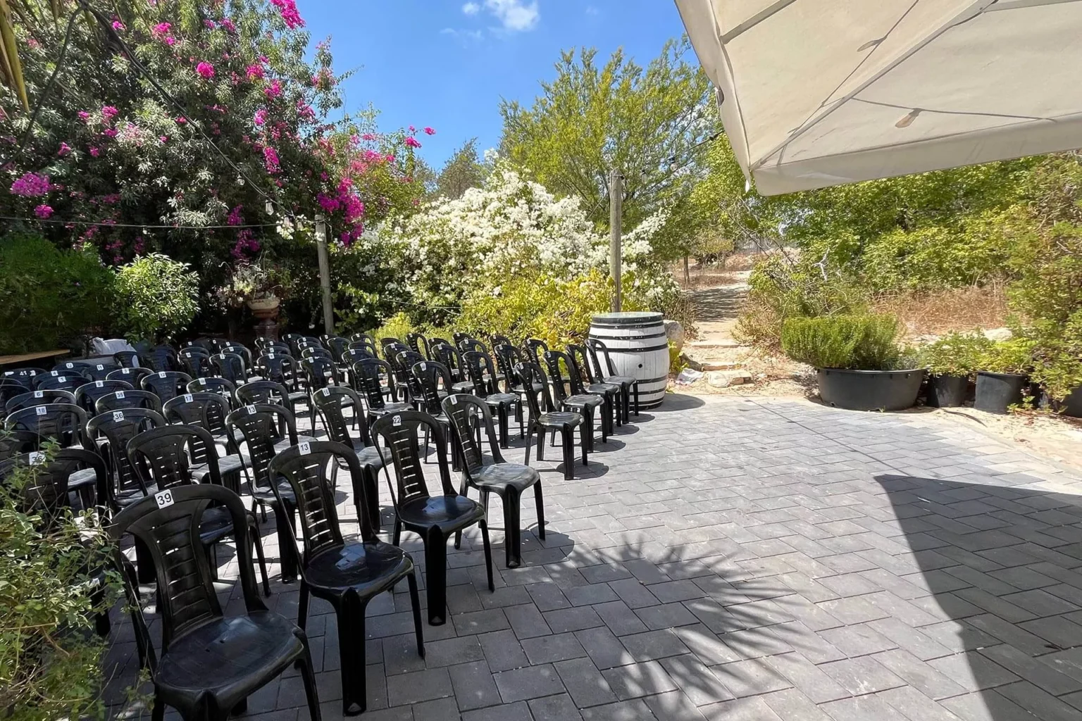 חצר בית השף ערוכה לחתונה ביום עם שורות כיסאות לצד פריחה וצמחייה